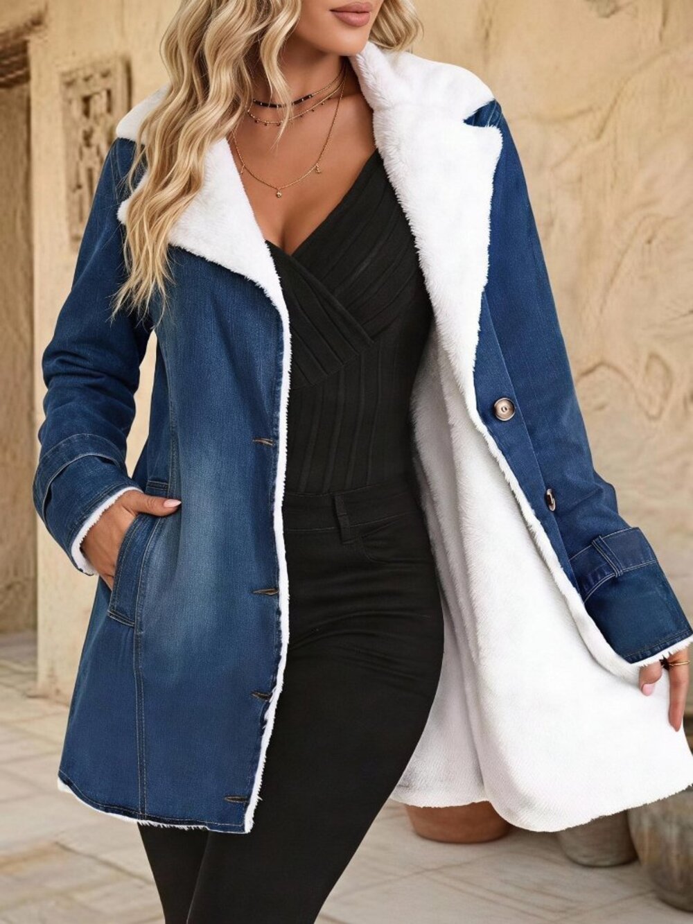 Dark Wash Casual Women's Colorblock Lapel Collar teddy lined denim Jacket